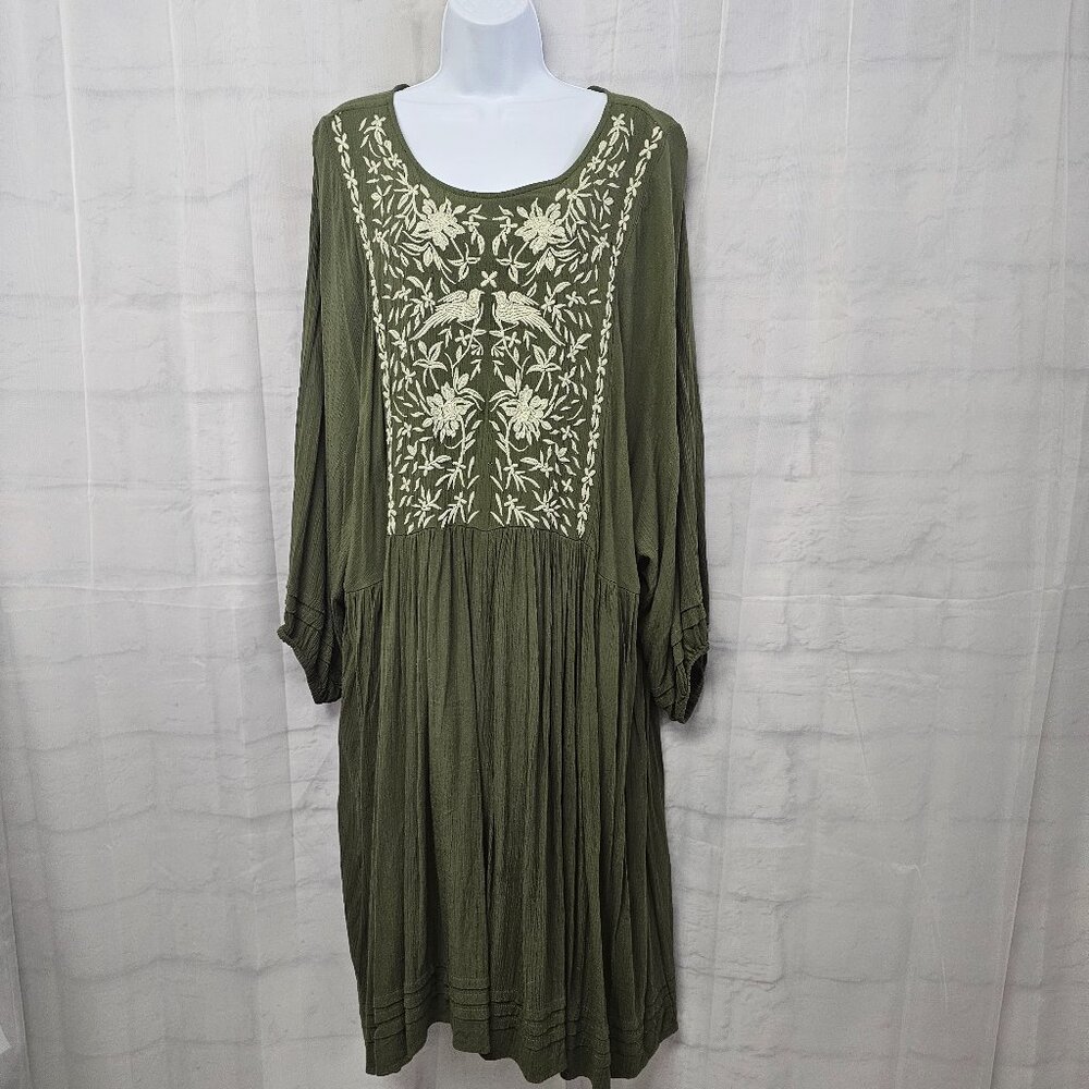 Knox Rose Olive Green Embroidered Boho Peasant Midi Dress 3X